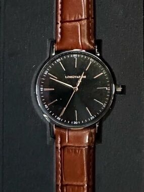 Longvadon Classic Watch Marron Black Dial Gold Tone Brown Leather Strap NIB